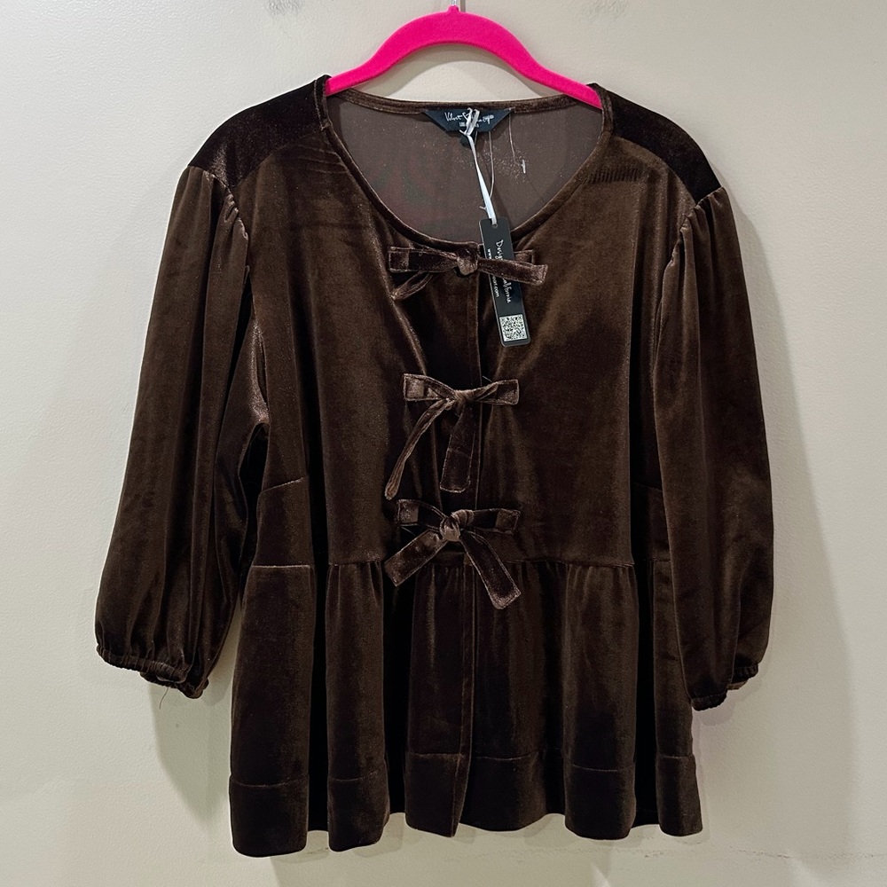 NWT Velvet Heart Womens M Brown Velvet Peplum Top Bow Front Coquette Whimsigoth